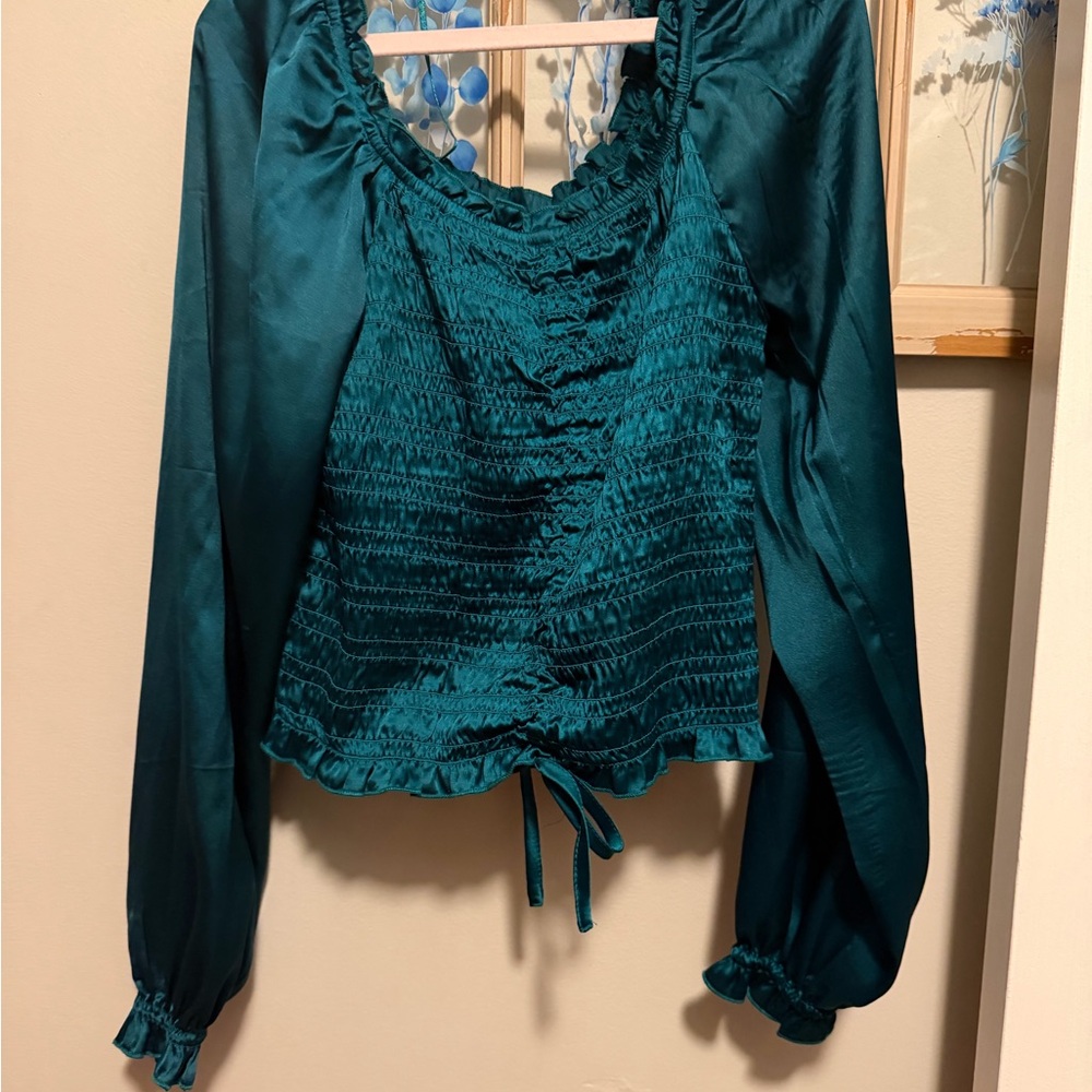 Japna Teal Satin Smocked Long-Sleeve Blouse